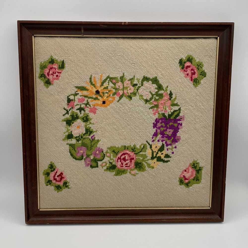 Vintage Handmade Needlepoint Floral Cottagecore Framed Wall Art - Picture 1 of 6